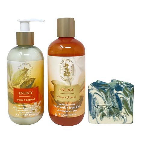 Bath & Body Works Aromatherapy Energy Orange + Ginger Body Wash & Foam Bath and Daily Nourishing Body Lotion with a Zen Garden Bar Soap