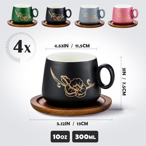 Yundu Matte Ceramic Cappuccino Cups Set of 4-300 ml Cappuccino Cups with Wooden Coasters & Gold Flower Design, Coffee Cups Set with Saucer for Latte Art, Espresso Cups, Tea - Image 3