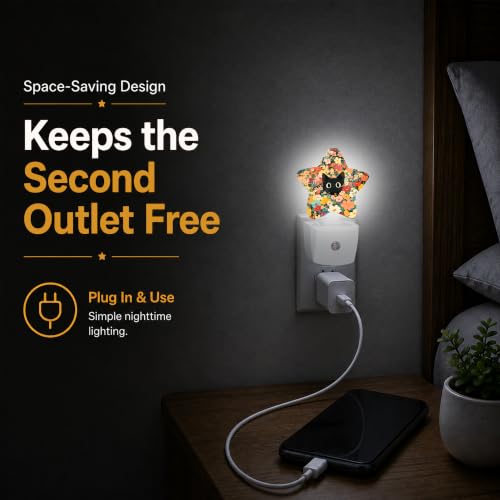 Image of Star Night Light Plug in, Flower Cat Dusk to Dawn Sensor Night Light, Soft Glow Lamp for Kids Bedroom Nursery Hallway Bathroom, Energy Saving Compact Design