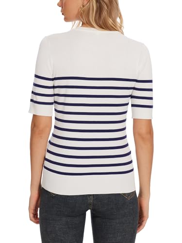 Image of Spicy Sandia Women's Short Sleeve Sweater Casual Knit Pullover Top for Summer Lightweight White and Navy Striped M