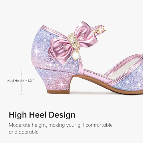 Image of Motasha Sparkly Girls Dress Shoes Kids High Heels Toddler to Big Kid | Glitter Closed Toe, Rhinestone Bow Straps, Hook-and-Loop Closure, Low Heel, Anti-Slip Outsole for Wedding Birthday Parties