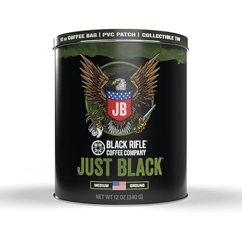 Black Rifle Coffee Company Just Black Gift Bundle, Medium Roast 12 oz Bag Ground Coffee, Collectible Tin and PVC patch Cover