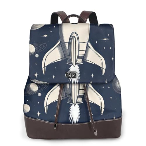 Sac à dos en cuir imprimé Rocket in Space noir polyvalent taille unique pour femme