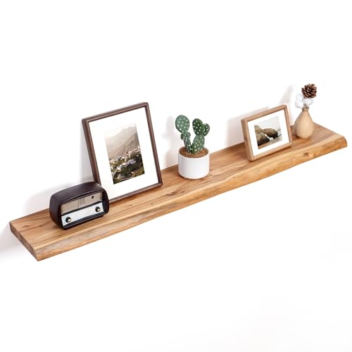 Image of Floating Shelves for Wall Decor, Rustic Solid Elm Wood Live Edge Floating Shelves Wall Mounted, Wall Shelves with Invisible Bracket for Living Room Bathroom Bedroom Kitchen, 48 Inch, Natural