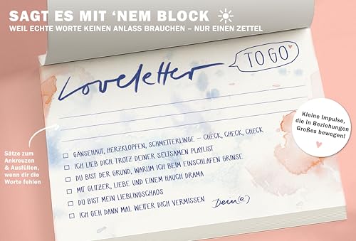 Eine der Guten Briefblock – Loveletter to go, A6 Abreißblock mit 50 Blatt zum ausfüllen und abreißen, Valentinstagsgeschenk für Verliebte und Paare, Recyclingpapier