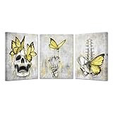 KREATIVE ARTS 3 Piece Human Skull with Butterfly Canvas Wall Art - Sugar Skull Human Skeleton Painting Pictures, Gothic Halloween Prints Artwork for Bedroom 12'x16' Each (Yellow)