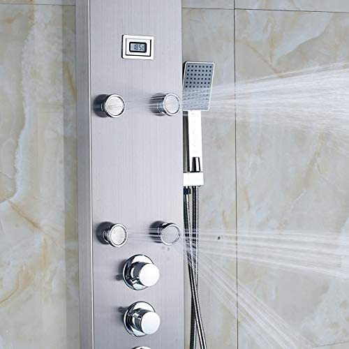 Panel de ducha con termostato de acero inoxidable con indicador de temperatura y 6 chorros de masaje (níquel)