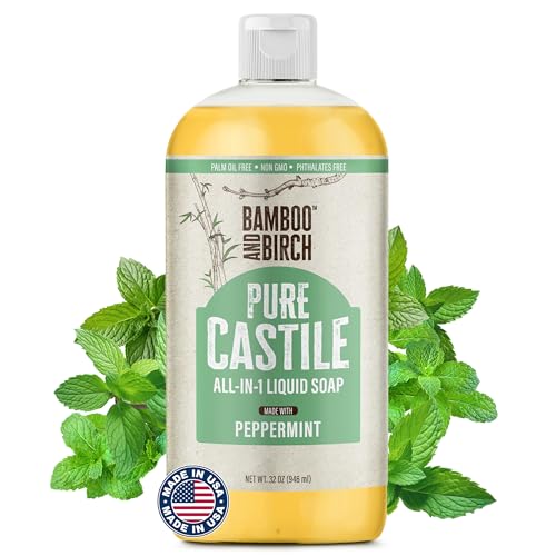 BAMBOO AND BIRCH Pure Castile Soap Liquid, Certified Palm Oil Free Natural Soap, Peppermint, 32 oz