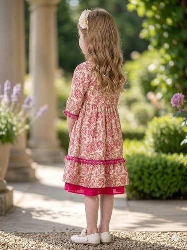 Image of Girls Floral Printed A-Line Cotton Below The Knee Dress with Attached Shrug | Girls Dresses Design No PP280 Color Pink Size 9-10Y