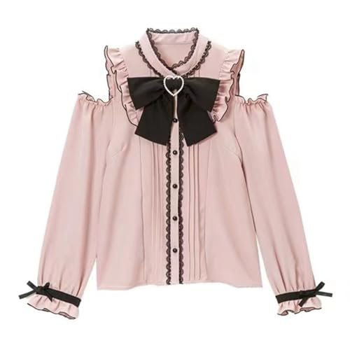 Pokn Jirai Kei Lolita Fashion Cutecore Clothes Kawaii Clothing Blouse Goth Shirt Women Lace Mesh Sheer Long Sleeve Blouse (Black-Pink,M,Medium)