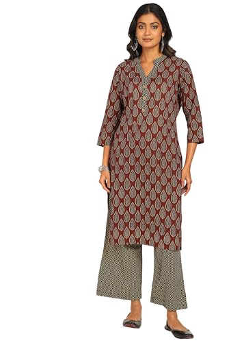 Image of BLOCKS OF INDIA Women's Solid Straight Kurta Set | Hand-Stitched Neck Details with Pintucks | Comfortable Pants with Pockets, Elastic Waist & Drawstring Fit