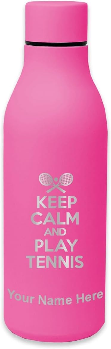 LaserGram Double Wall Stainless Steel Water Bottle, Keep Calm and Play Tennis, Personalized Engraving Included