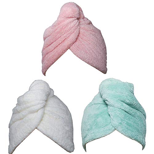 Hair Towel Wrap Turban 3 Pack Super Absorbent Microfiber Quick Dry Hair Towel with Button, Dry Hair Hat, Wrapped Bath Cap 27inch/12inch Green/Pink/White
