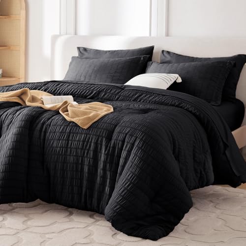 Image of MUXHOMO 7 Pieces Oversized Queen Comforter Set, Seersucker Bed in a Bag Oversized Queen Size, All Season Luxury Bedding Set with Comforter, Flat Sheet, Fitted Sheet, Pillowcases & Shams, Black