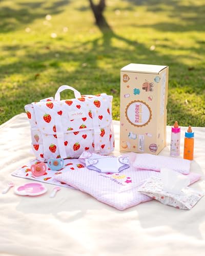 BABESIDE 14 Pcs Baby Doll Accessories Set for 1215 Inch Dolls Strawberry Print Baby Doll Diaper Bag with Feeding Bottles & Pacifiers Dolls Blanket Changing Pad for Pretend Play