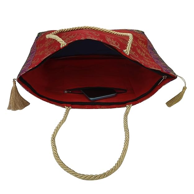 Image of Hand Purse | Traditional Hand Purse | Silk Wallet Hand Bag | Shagun HandPurse | Gifts HandBag | Golden Handle Tote Handbag | Brocade Shoulder Bag | 16 INCH