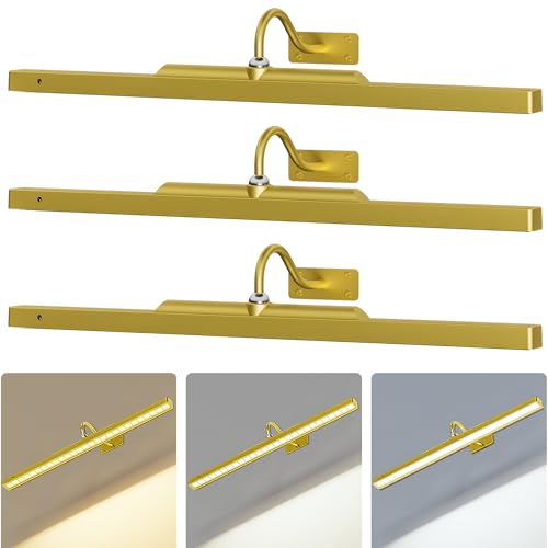 Image of 3 Pack Gallery Picture Frame Lights - 24Inch Gold Battery Wireless Wall Mounted Lighting for Large Art, Posters, Canvas & Gallery Walls