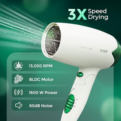 Image of VGR V-428 Foldable Hair Dryer for Men & Women | 1200 /1600W DC Motor | Cool Shot Button & 2 Speed Settings | Detachable Rear Cover | Overheat Protection | Hanging Loop (Green)