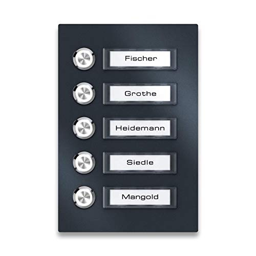 Metzler Aufputz Türklingel für Mehrfamilienhäuser - V2A Edelstahl - Austauschbare Namensschilder - Pulverbeschichtet in RAL 7016 Feinstruktur matt - Inkl. Befestigung - Anthrazit, 5-Fach