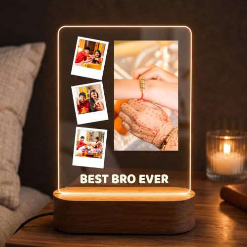 Image of Giftplease Personalised Photo Acrylic Frame with Wooden LED Base - Custom Picture Desk Display for Sister, Unique Raksha Bandhan Gift from Brother, Birthday, Anniversary & Keepsake Decor
