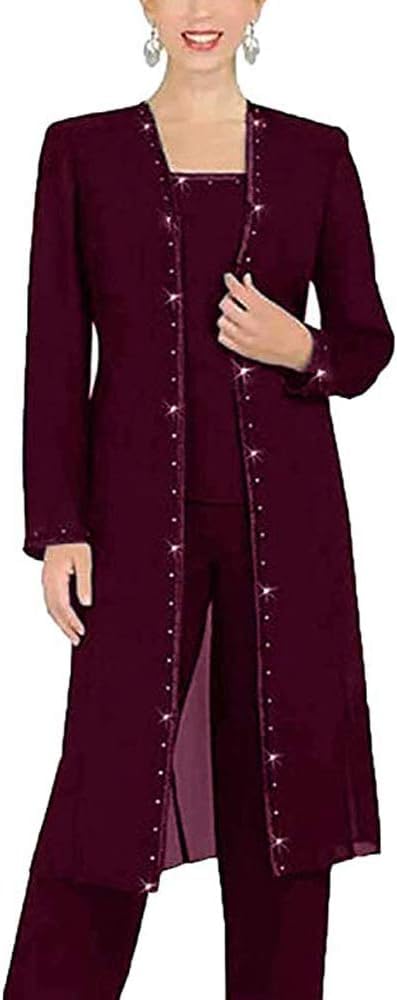 Leader Of The Beauty Women's Burgundy 3 Piece Chiffon Beaded Pant Suits Mother Of The Bride Pant Suits With Long Jacket For Formal 14