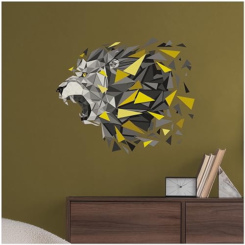 Finest Folia Wall Tattoo Polygon Animal Sticker Wall Sticker Hologram Sticker Animals Motif Geometric Wall Art Decor Children's Room Self-Adhesive W012 (110 cm Lion, Yellow)