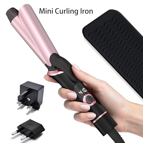 Mini Curling Iron for Travel, Dual Voltage Curling Wand with European, UK Plug Adapter, Small Wave Hair Curler for Short, Long Hair, Tiny Long Barrel Hot Tool Temp Control up to 410℉, 1 Inch