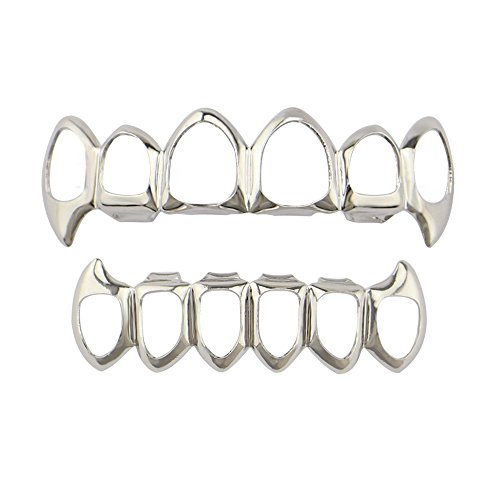 OOCC 18k Gold Plated Hollow Grills Hip Hop Teeth Fangs Grillz Caps Top and Bottom Set for Your Teeth