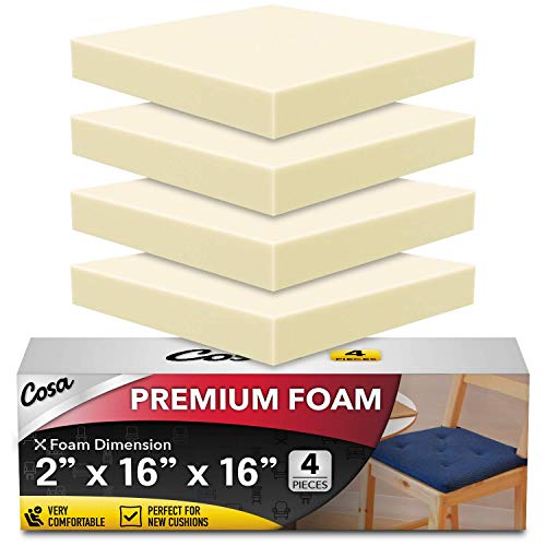 COSA Premium 4 Pack Upholstery Foam 2â€ x 16â€ x 16â€ Cushion - Perfect for Chair Cushions, Small Cushions, Chair Padding, Seat Cushions, DIY 2 Inch Thick