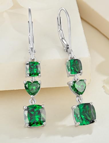 Tri-stone Dangle Drop Earrings Sterling Silver Leverback Errings Square/Heart Cut Birthstone Jewelry for Women4