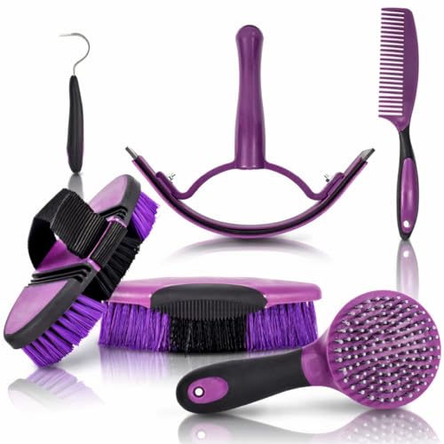 Horse Grooming Kit. Organize Tote Bag Tack Supplies. Set- Hair/Curry Brushes, Hoof Pick, Sweat Scraper. Great Gift for Riders, Beginners, Boys, Girls, Women, Christmas, Birthday Gift (purple)