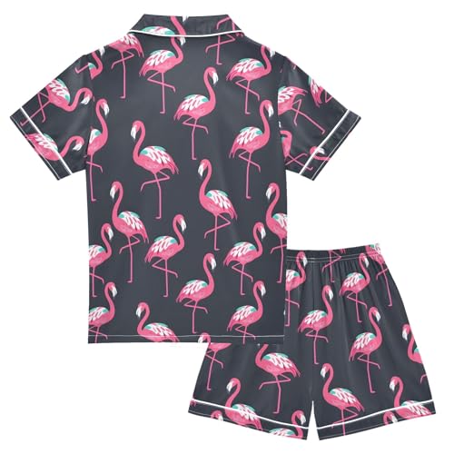 Pink Flamingo Style Summer Satin Pajama Set, Cute Button-Down Sleepwear Pj Set for Sleep Wears2