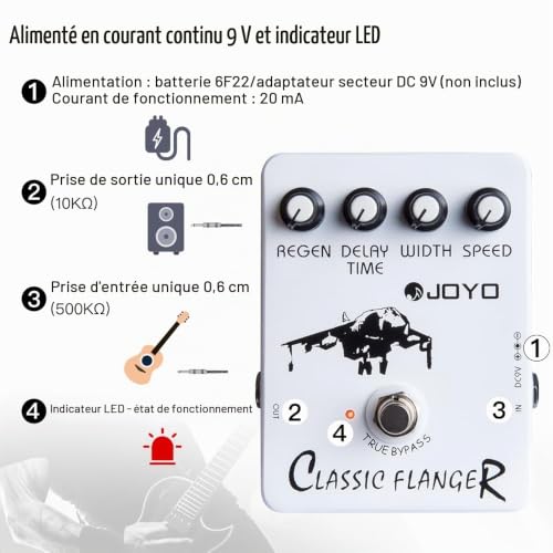 JOYO Pédale d'effet Flanger Classique, circuit BBD avec sons flange métallique et chorus-vibrato pour guitare électrique, True Bypass (JF-07) – vue 6
