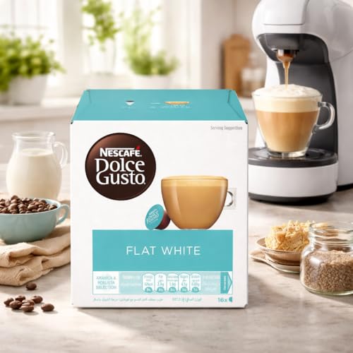 Image of NESCAFE Dolce Gusto Flat White Coffee Capsules - 16 Pods (187.2g) - Smooth & Creamy Coffee with Milk, Arabica & Robusta Blend, Cafe-Style Flat White, Compatible with Dolce Gusto Machines, By Cougar - (IMPORTED-UK)