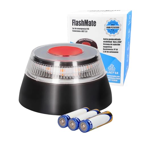 MAGIC SELECT Luz Emergencia V16 Homologada DGT con Geolocalización para Señalización en Carretera de Coche y Moto. Luz Naranja Intermitente 360º, Base Imantada, 3 Pilas AA Incluidas (1UD)