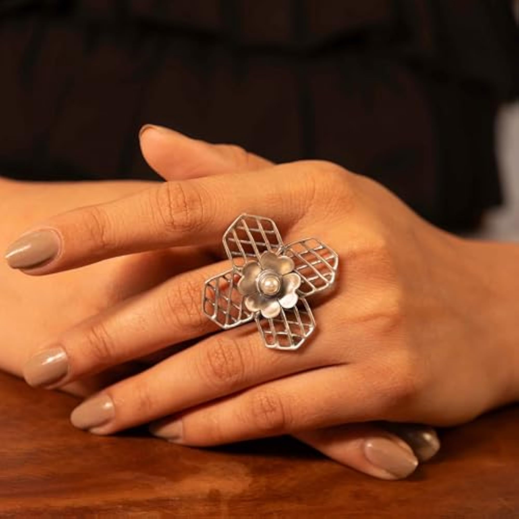 Women's Mizoya Embossed Flower Jali Adjustable Ring, 925 Stamp Silver