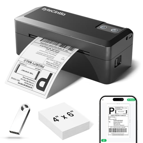 ByteCintia Bluetooth Etikettendrucker, DHL Thermodrucker 4x6 Ettikettendrucķer, Ettikettendrucķer Label Printer für iOS, Android, Windows & Mac, Kompatibel mit Shopify, Amazon, Royal Mail, Ebay, USPS