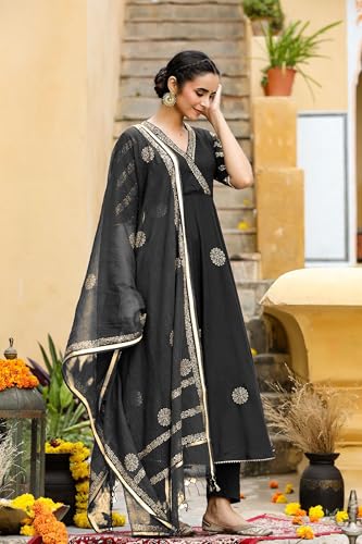 Image of GoSriKi Women's Cotton Blend Printed Anarkali Kurta with Pant & Dupatta | Ethnic Wear for Women | Indian Casual Office Daily Summer Outfit