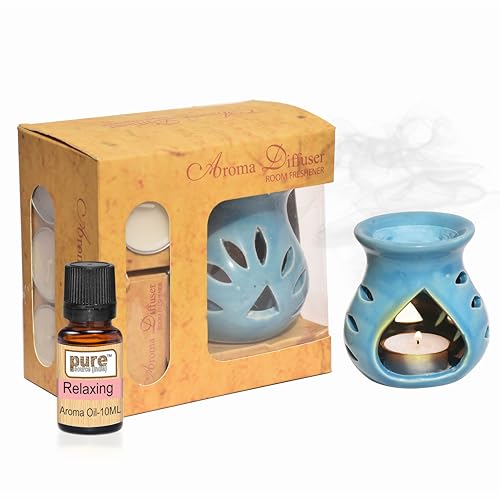 Image of Pure Source India Ceramic Aroma Oil Diffuser Gift Set with 10ML Relaxing Oil & Tealight Candles | 97 Burner for Home Fragrance & Relaxation | Ideal for Gifting & Home Decor (Sky Blue)