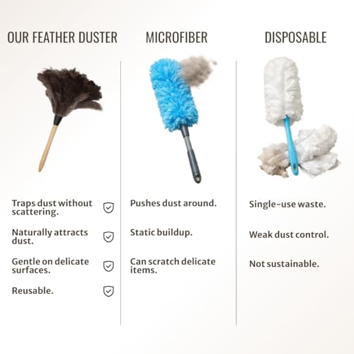 Image of Ostrich Feather Duster with Wooden Handle 14 inch - Natural Reusable Feather Duster for Cleaning, Furniture & Shelves, Blinds, Ceiling Fan, Dusting Tool for Home, Office, Delicate Surfaces - 1 Pack