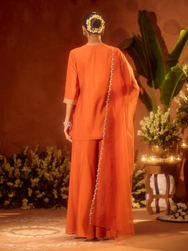 Image of FIORRA Women's Orange Viscose Chanderi Embroidered Ethnic Straight Kurta Set with Dupatta