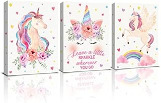 KAIRNE Unicorn Canvas Wall Art Print Framed, Inspirational Quotes Unicorns Rainbow Art Poster for Girls Bedroom Nursery Decoration, Set of 3 11.8 X15.6inch Ready To Hang Unicorn Art Prints