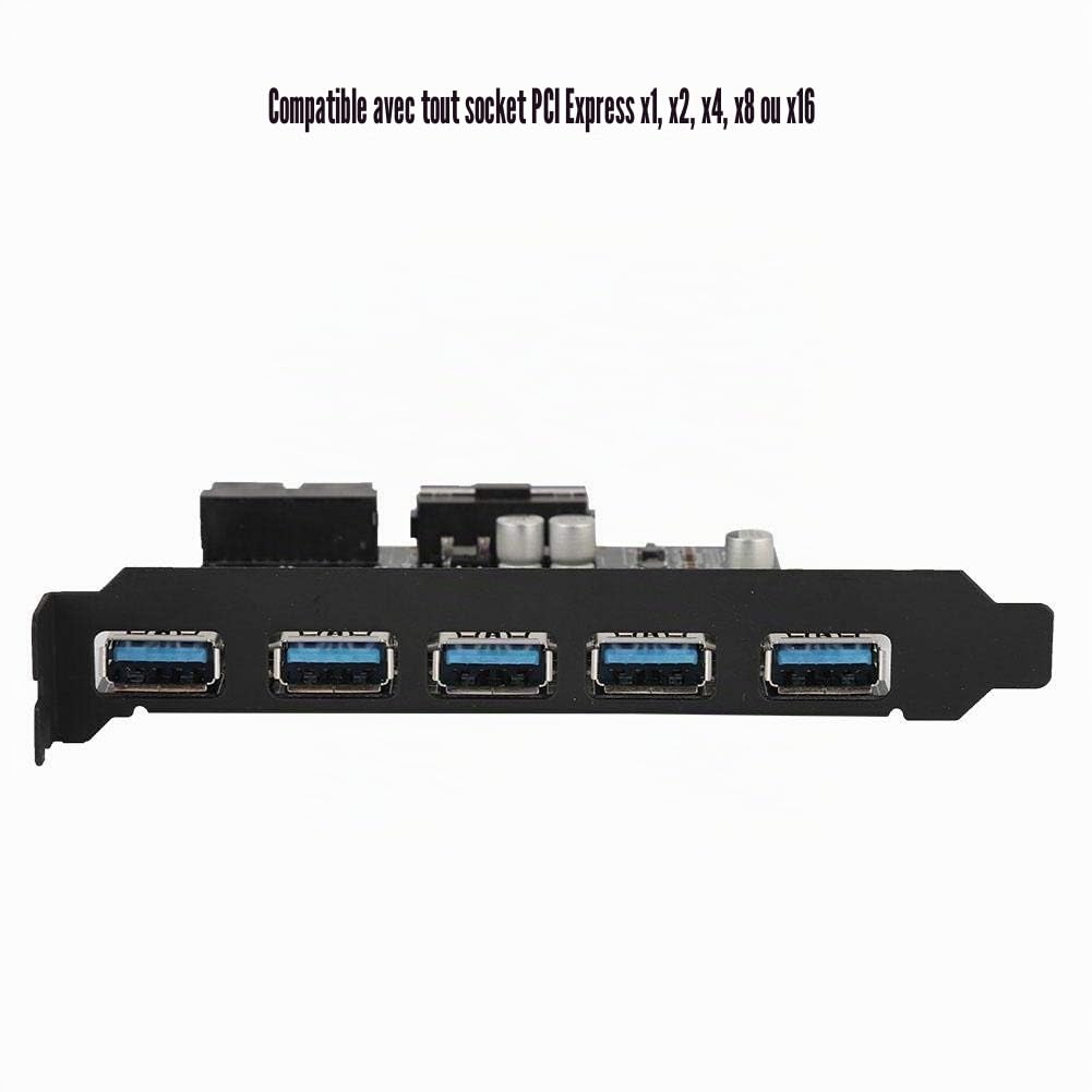 Diyeeni Carte PCI-E vers USB 3.0 PCI Express à 5 Ports, Carte PCI-E USB 3.0 Express avec connecteur Interne à 19 Broches, Prise en Charge de la Carte d'extension PCI Express UASP