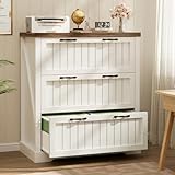 SEDETA 3 Drawer File Cabinet, Farmhouse Filing Cabinet for Home Office, Wood Office File Cabinets for Letter/Legal/A4 Size, Lateral File Cabinets with Printer Stand, White + Brown