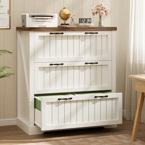 SEDETA 3 Drawer File Cabinet, Farmhouse Filing Cabinet for Home Office, Wood Office File Cabinets for Letter/Legal/A4 Size, Lateral File Cabinets with Printer Stand, White + Brown