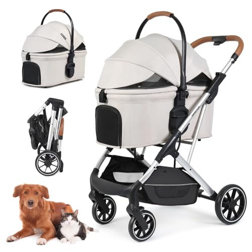 T6 Pet Stroller for Medium Dogs Cats Up to 66lbs or 2 Small Pets, Beige