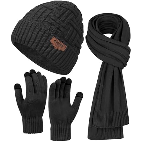 Mens Winter Hats Scarf for Men with Touchscreen Gloves Warm Long Scaves and Skull Caps Beanie Hat Gloves Set, Black Hat Scarf Gloves Set Cover