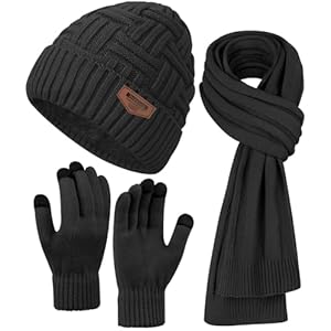 Mens Winter Hats Scarf for Men with Touchscreen Gloves Warm Long Scaves and Skull Caps Beanie Hat Gloves Set