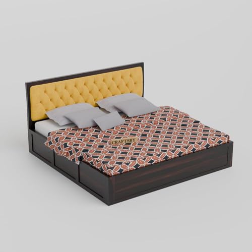 Image of Solid Sheesham Wood King Size Bed with Box Storage | Yellow Upholstered Cushion Headboard | Wooden Double Bed for Bedroom | Cot /Palang /Mancham | Walnut Finish