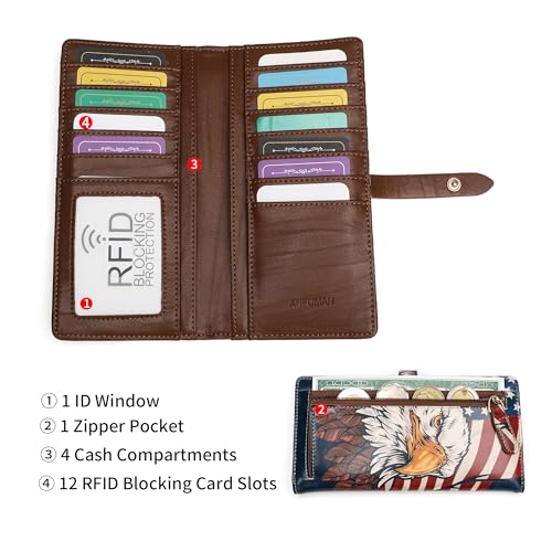 Slim Wallets for Women Credit Card Holder RFID Bifold Clutch Long Ladies Billfold Wallets with Zipper Coin Pocket ID Window Printing Eagle4